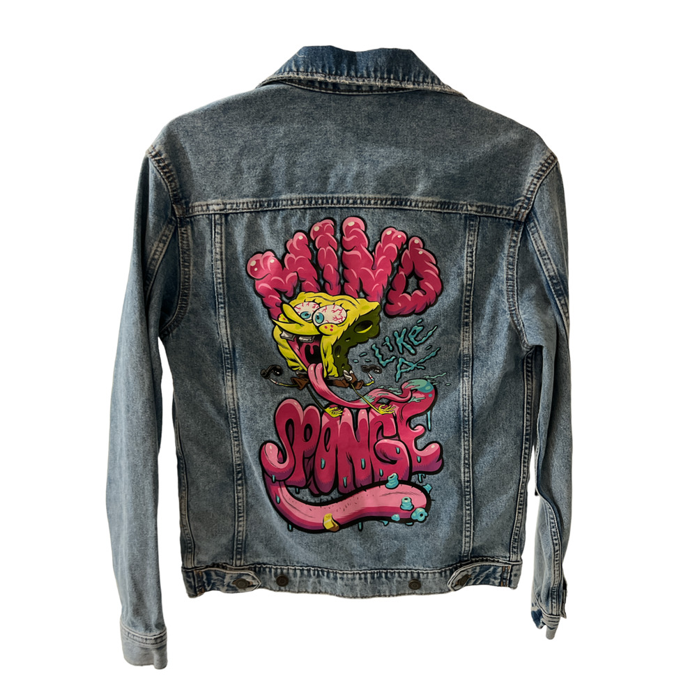 MENS DIVIDED H&M SPONGEBOB BLUE DENIM JACKET SIZE XS MIND LIKE A SPONGE GRAPHIC